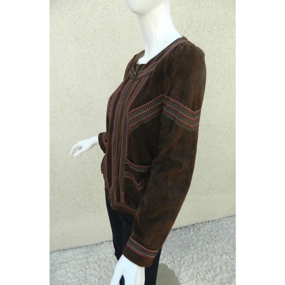 Vintage CACHAREL Jacket Size Medium Brown Suede Embroidered Boho Chic Festival - Picture 6 of 11